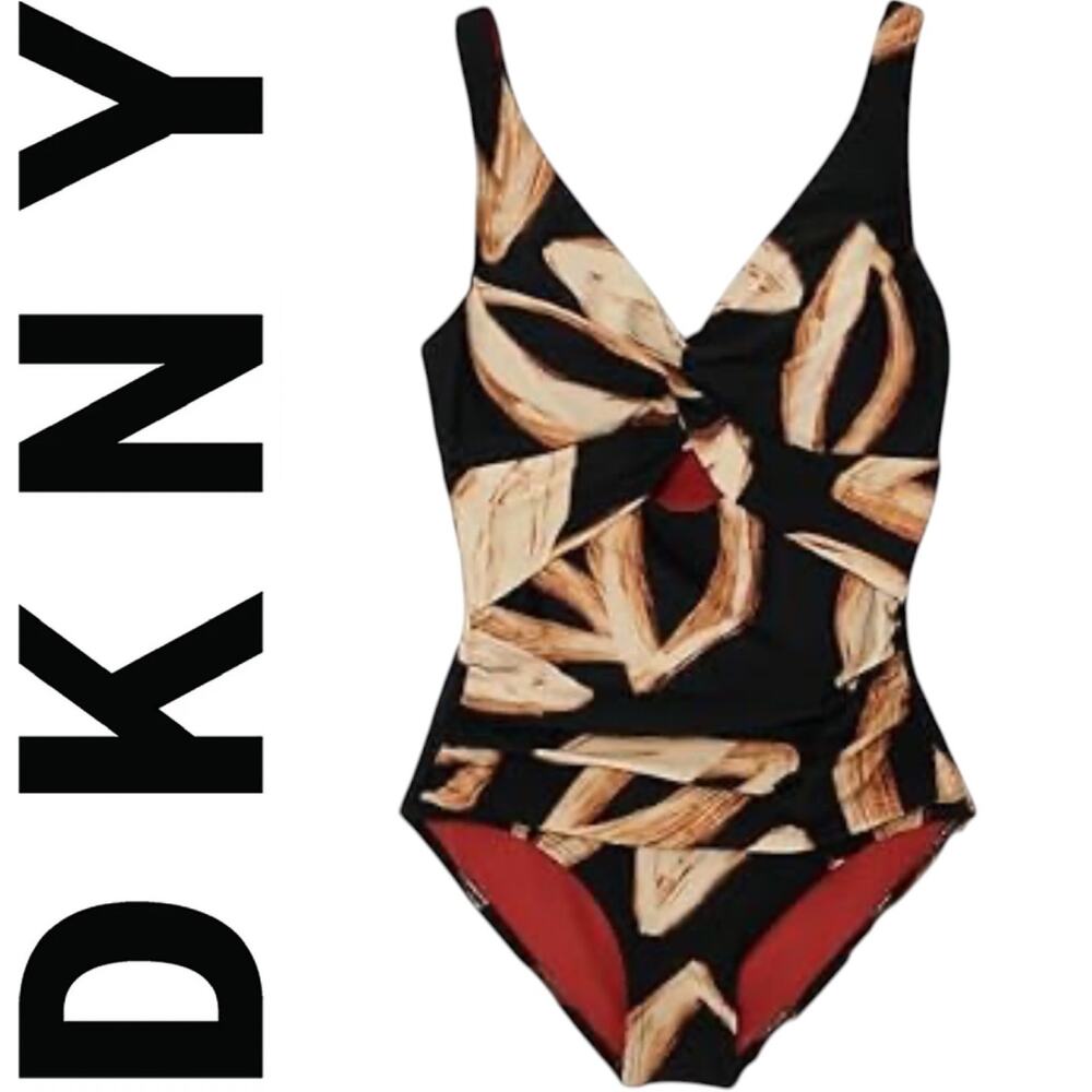 NWT DKNY Women's Twist Front Keyhole One Piece Swimsuit Black, Tan/Mocha Large